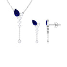 Minimal Blue Sapphire Dangle Necklace and Earrings Set with Diamond Blue Sapphire - ( AAA ) - Quality - Rosec Jewels