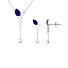 Minimal Blue Sapphire Dangle Necklace and Earrings Set with Diamond Blue Sapphire - ( AAA ) - Quality - Rosec Jewels