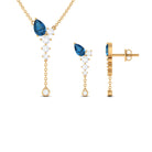 Minimal Dangle Necklace Earrings Set with London Blue Topaz and Diamond London Blue Topaz - ( AAA ) - Quality - Rosec Jewels