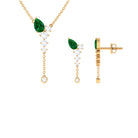 Minimal Created Emerald Dangle Necklace and Earrings Set in Gold with Moissanite Lab Created Emerald - ( AAAA ) - Quality - Rosec Jewels