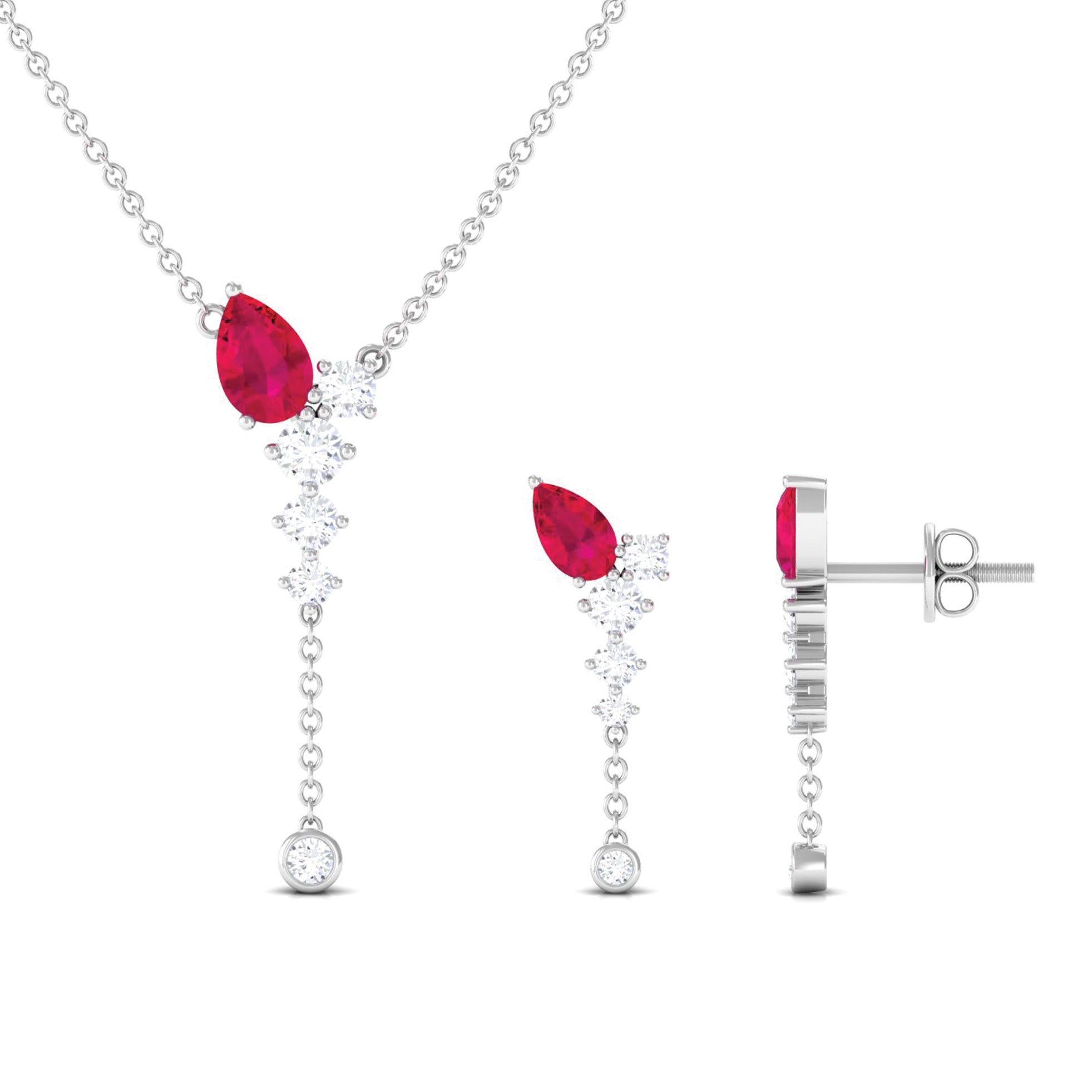 Minimal Ruby Dangle Necklace and Earrings Set with Diamond Ruby - ( AAA ) - Quality - Rosec Jewels