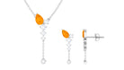 Minimal Fire Opal Dangle Necklace and Earrings Set in Gold with Moissanite Fire Opal - ( AAA ) - Quality - Rosec Jewels