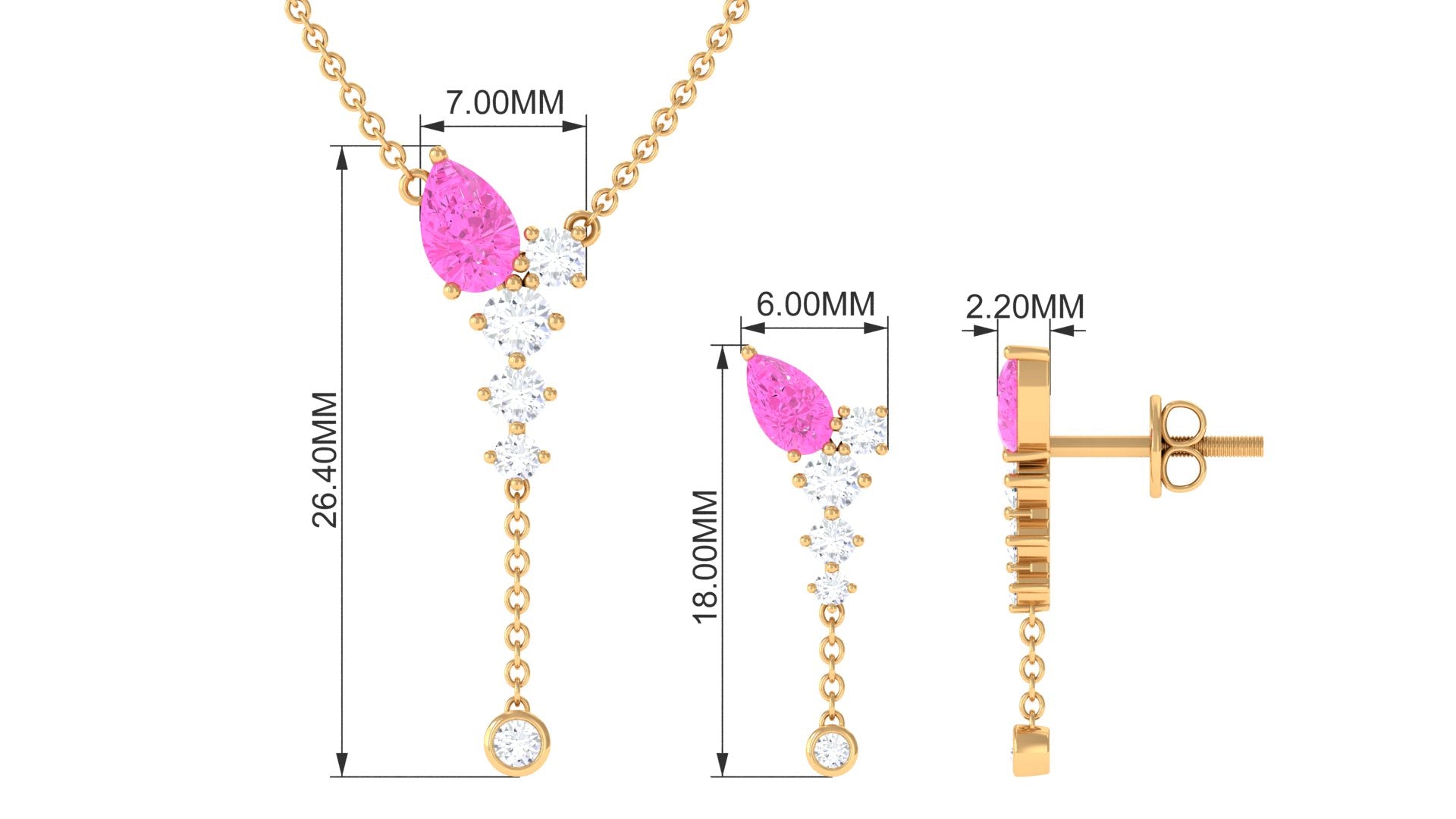 Minimal Pink Sapphire Dangle Necklace and Earrings Set with Diamond Pink Sapphire - ( AAA ) - Quality - Rosec Jewels