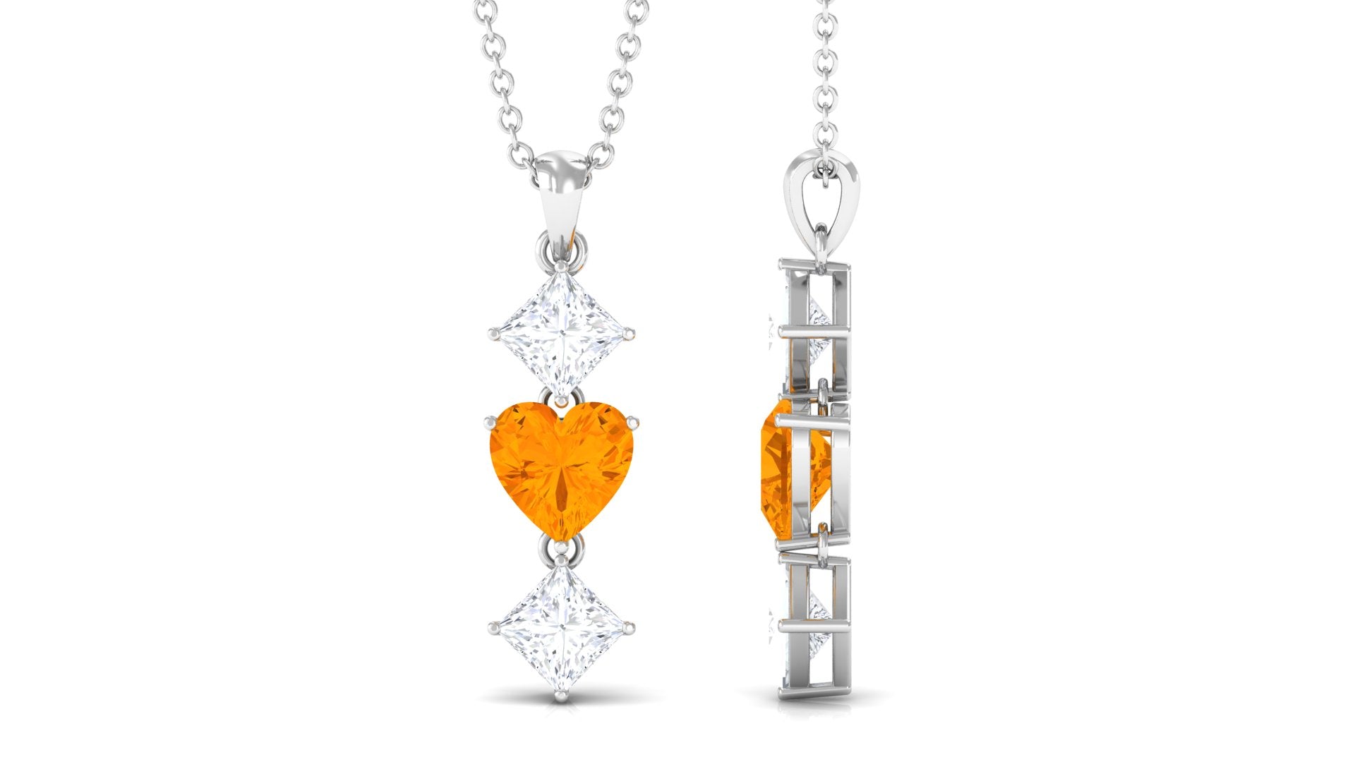 Heart Shape Fire Opal Drop Pendant with Princess Cut Moissanite Fire Opal - ( AAA ) - Quality - Rosec Jewels