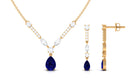 Blue Sapphire and Moissanite Drop Necklace Earrings Set Blue Sapphire - ( AAA ) - Quality - Rosec Jewels