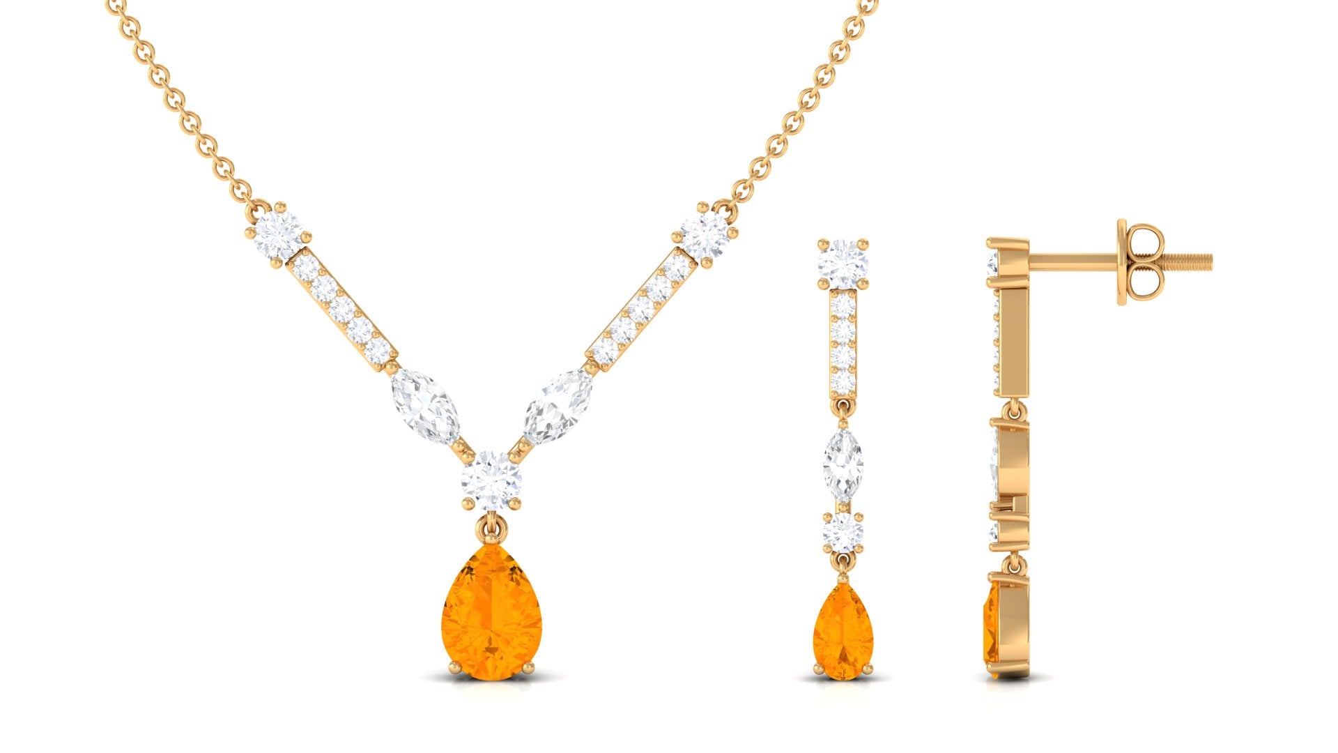 Fire Opal and Moissanite Drop Necklace Earrings Set Fire Opal - ( AAA ) - Quality - Rosec Jewels