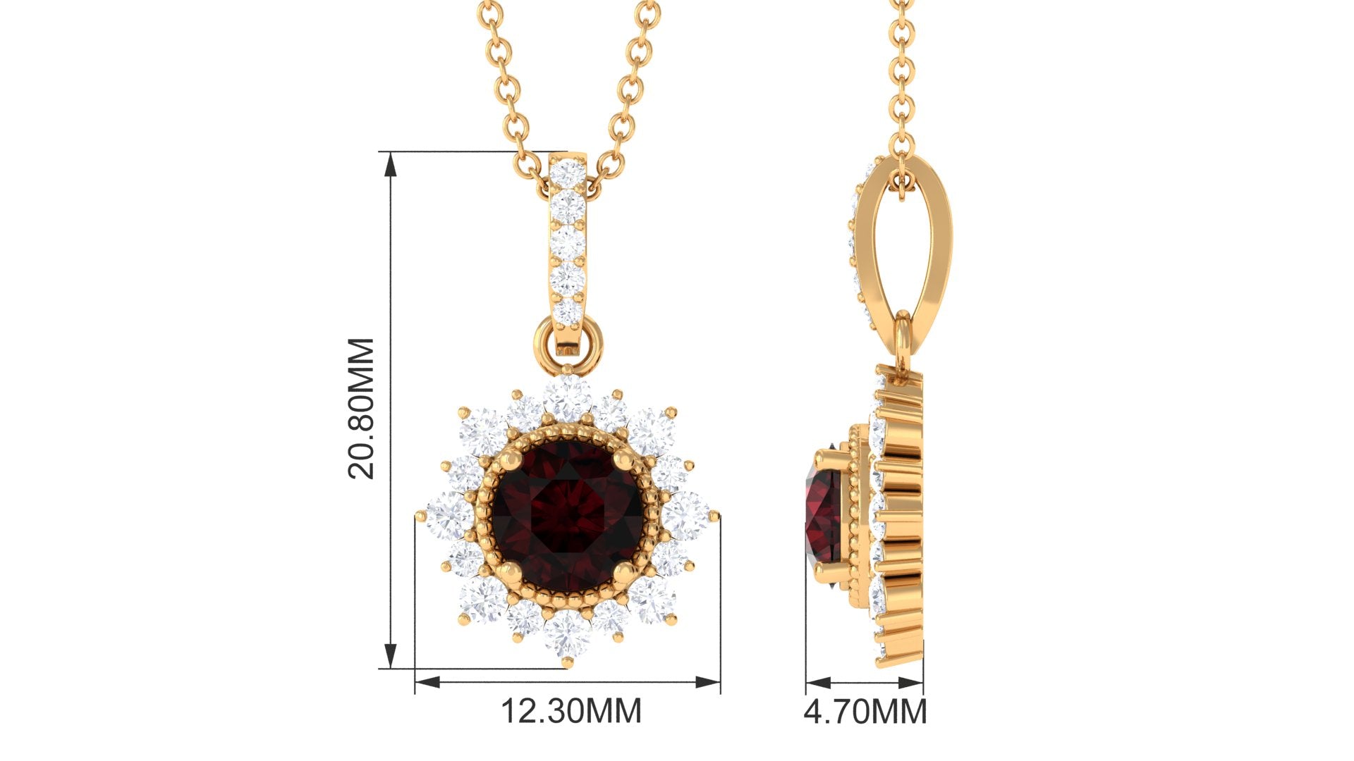 Garnet Beaded Pendant Necklace with Diamond Halo Garnet - ( AAA ) - Quality - Rosec Jewels