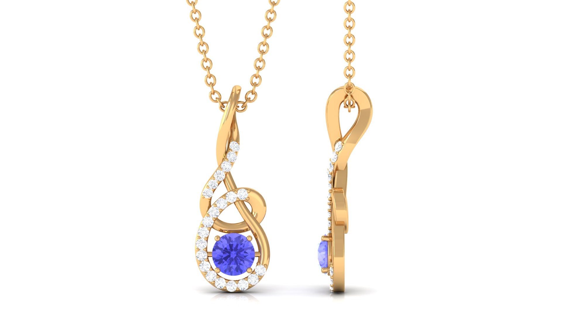 Round Tanzanite and Diamond Twisted Pendant Necklace Tanzanite - ( AAA ) - Quality - Rosec Jewels