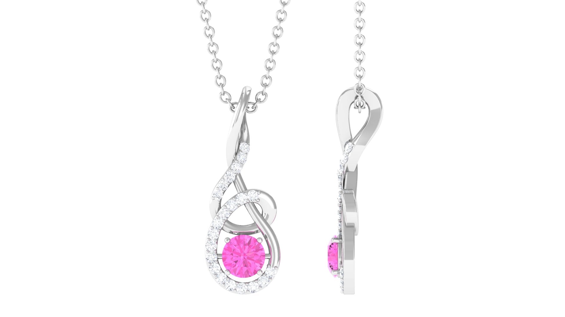 Round Pink Sapphire and Diamond Twisted Pendant Necklace Pink Sapphire - ( AAA ) - Quality - Rosec Jewels