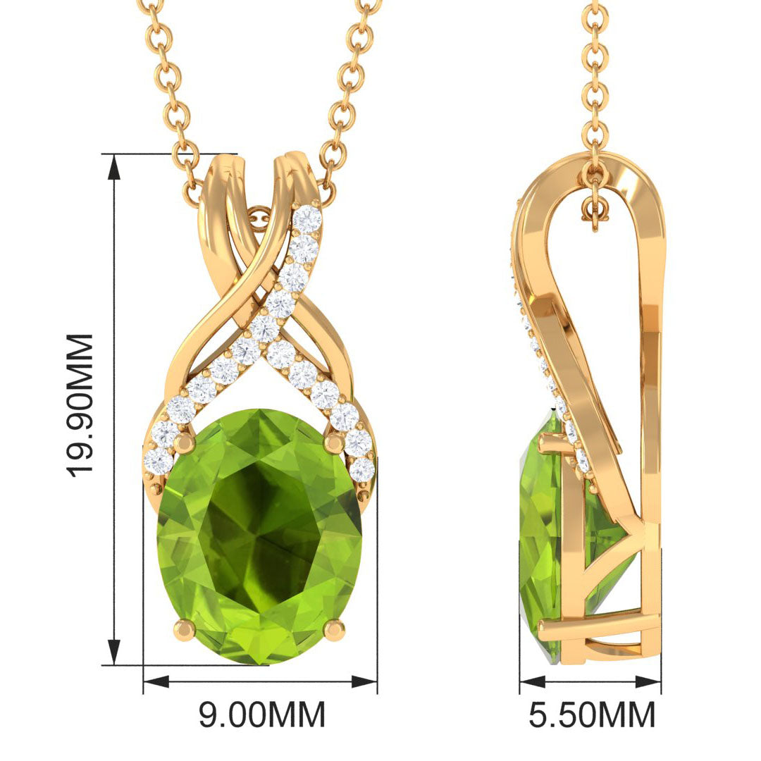 Designer Oval Peridot Solitaire Pendant with Diamond Twisted Bail Peridot - ( AAA ) - Quality - Rosec Jewels