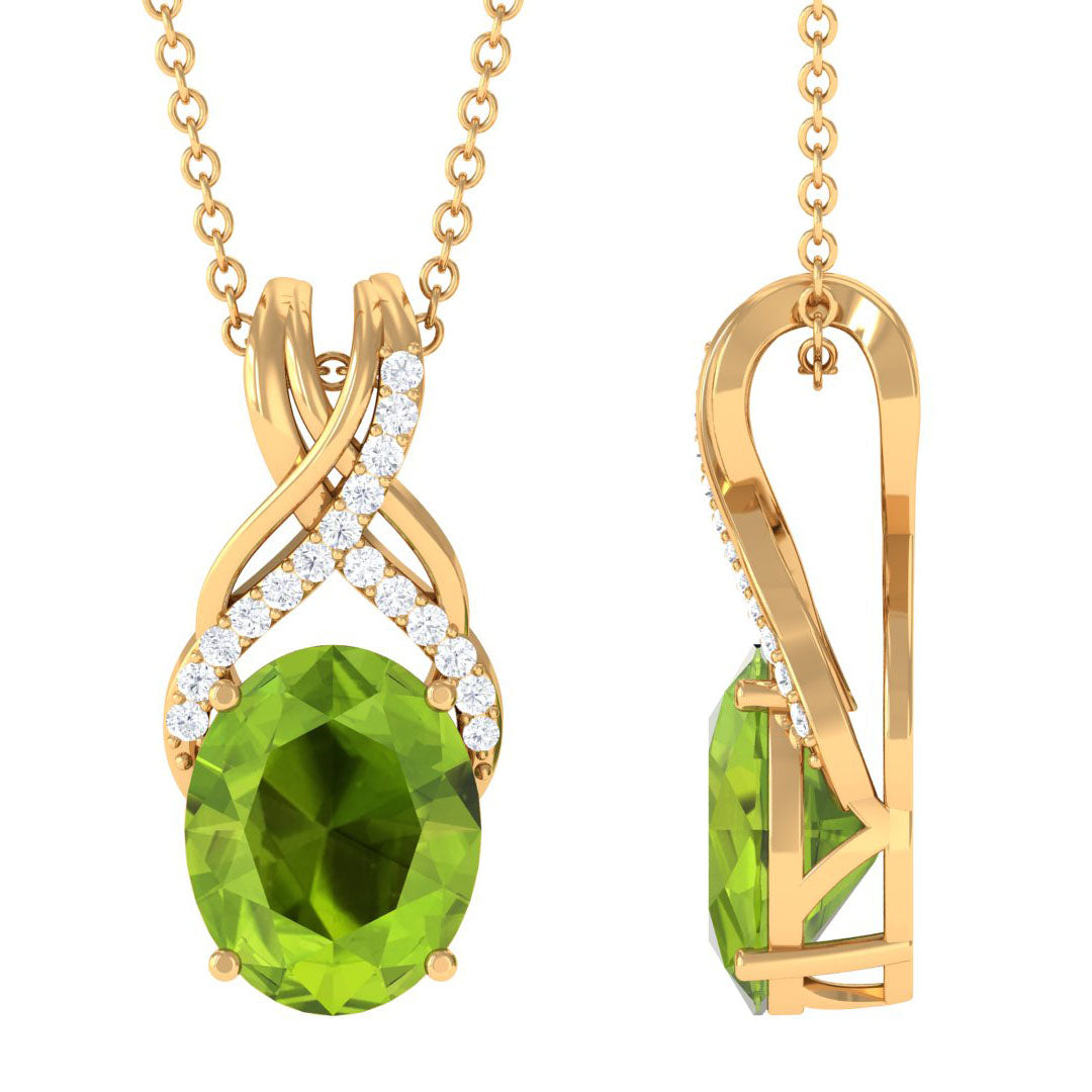 Designer Oval Peridot Solitaire Pendant with Diamond Twisted Bail Peridot - ( AAA ) - Quality - Rosec Jewels