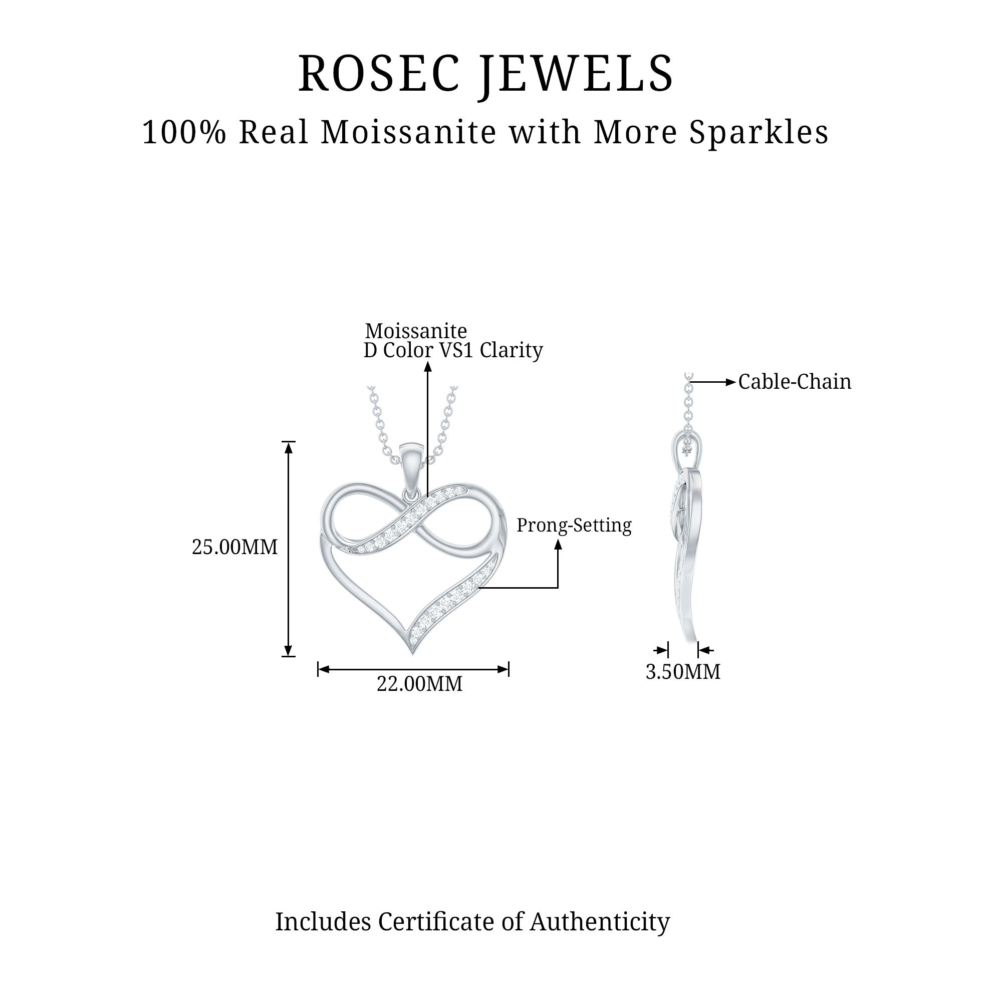 Moissanite Infinity Heart Pendant Necklace Moissanite - ( D-VS1 ) - Color and Clarity - Rosec Jewels