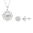 Natural Freshwater Pearl Flower Pendant and Earrings with Diamond Freshwater Pearl - ( AAA ) - Quality - Rosec Jewels