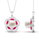 Freshwater Pearl Flower Pendant with Created Ruby and Moissanite Freshwater Pearl - ( AAA ) - Quality - Rosec Jewels