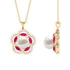 Freshwater Pearl Flower Pendant with Created Ruby and Moissanite Freshwater Pearl - ( AAA ) - Quality - Rosec Jewels