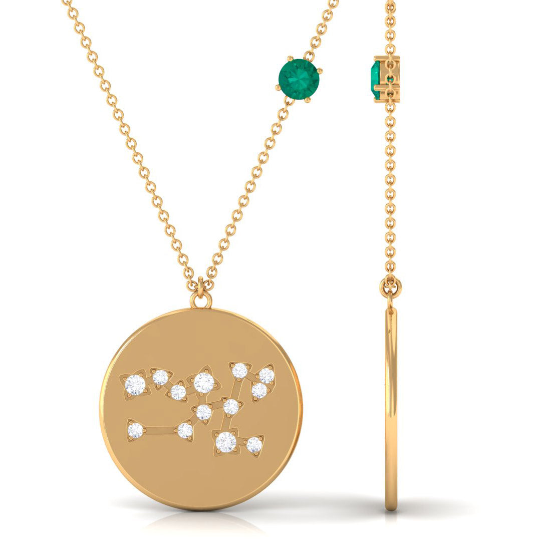 Green Emerald Taurus Constellation Disc Pendant with Diamond Emerald - ( AAA ) - Quality - Rosec Jewels