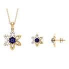 Created Blue Sapphire Flower Jewelry Set with Diamond Lab Created Blue Sapphire - ( AAAA ) - Quality - Rosec Jewels