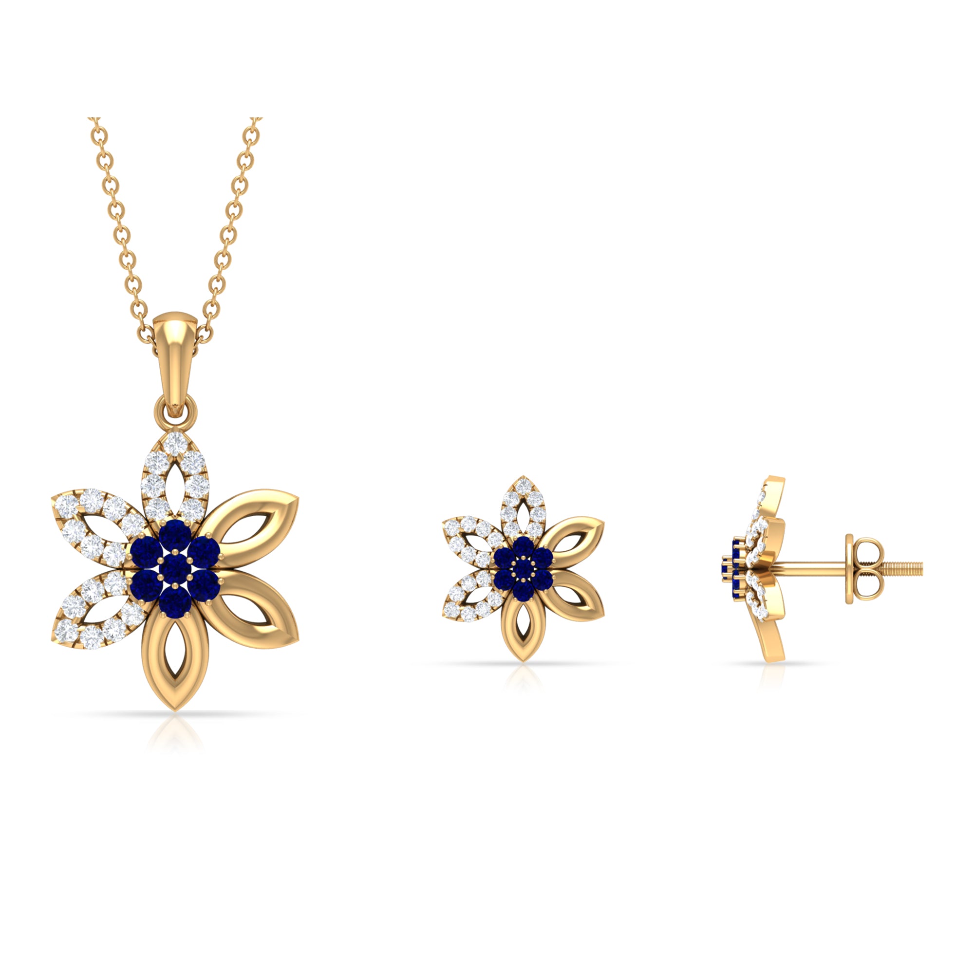 Created Blue Sapphire Flower Jewelry Set with Diamond Lab Created Blue Sapphire - ( AAAA ) - Quality - Rosec Jewels