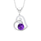 Classic Amethyst Heart Drop Necklace with Diamond Amethyst - ( AAA ) - Quality - Rosec Jewels