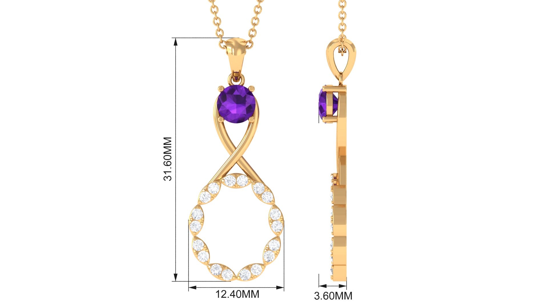 Real Amethyst Infinity Drop Pendant Necklace with Diamond Amethyst - ( AAA ) - Quality - Rosec Jewels