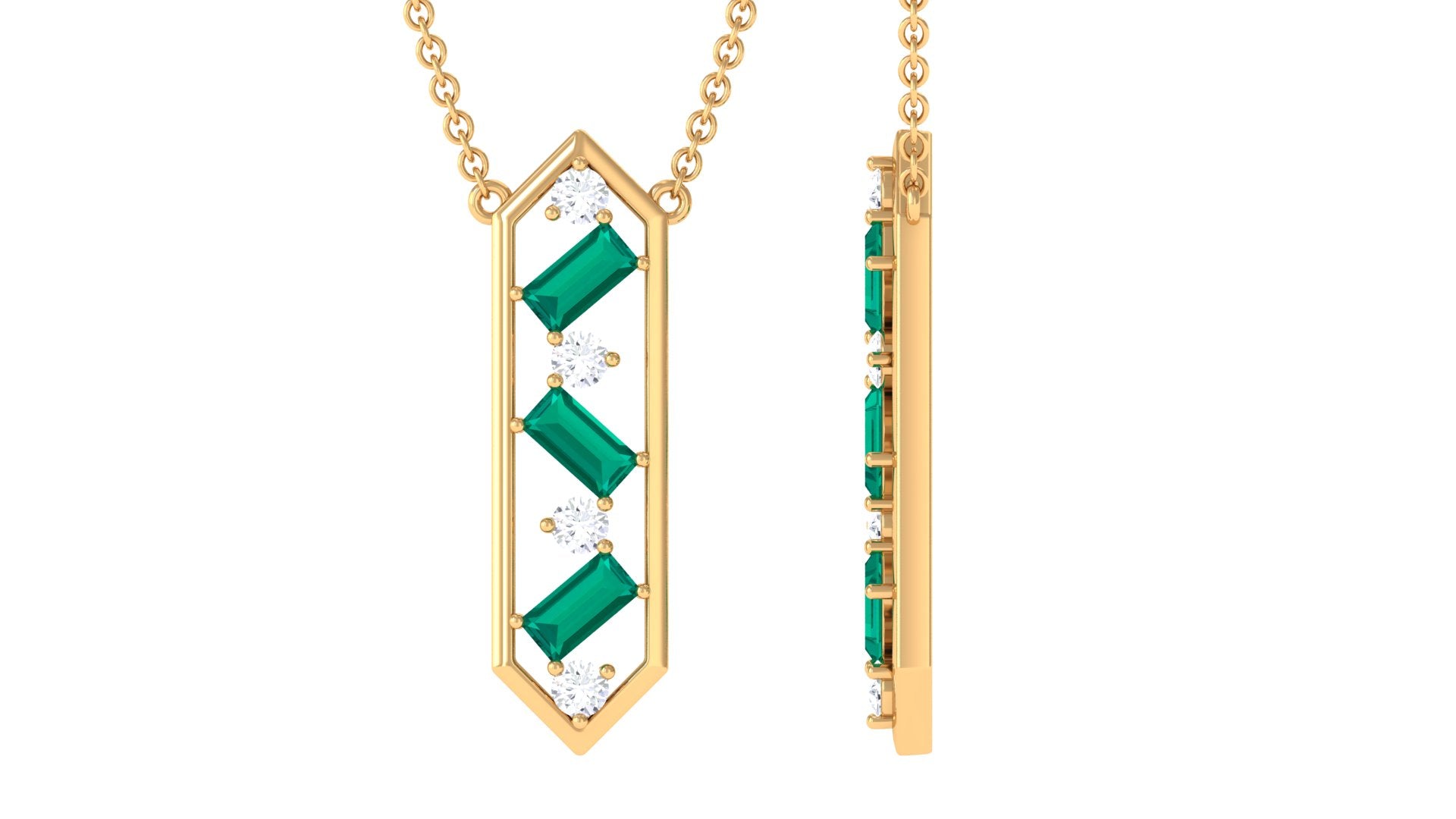 Real Emerald Geometric Dangle Necklace with Diamond Emerald - ( AAA ) - Quality - Rosec Jewels