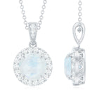 Minimal Round Moonstone Halo Pendant with Diamond Moonstone - ( AAA ) - Quality - Rosec Jewels