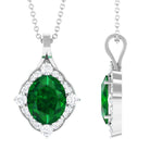 Vintage Style Oval Halo Pendant with Created Emerald and Diamond Lab Created Emerald - ( AAAA ) - Quality - Rosec Jewels