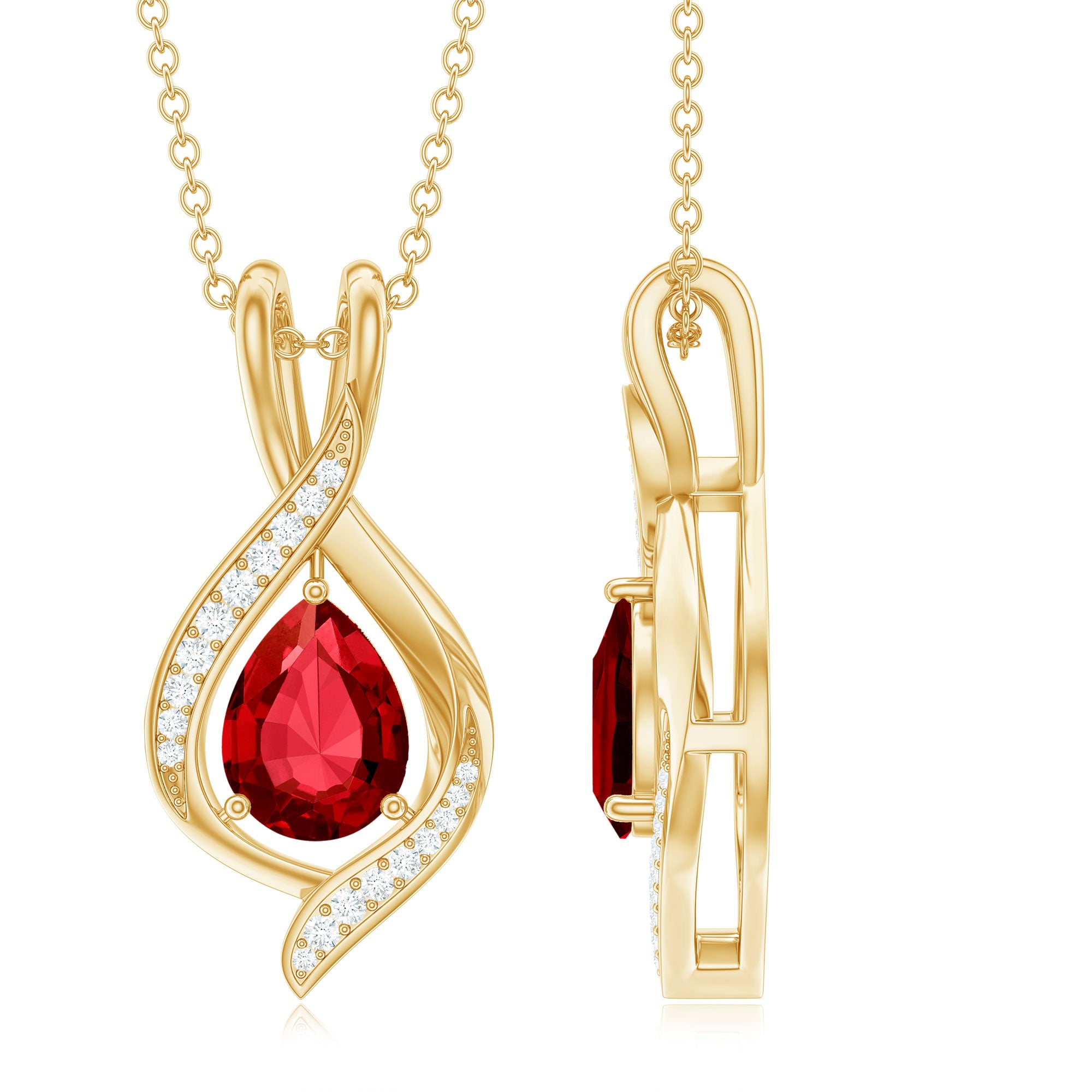 Pear Cut Created Ruby Teardrop Pendant with Moissanite Accent Lab Created Ruby - ( AAAA ) - Quality - Rosec Jewels