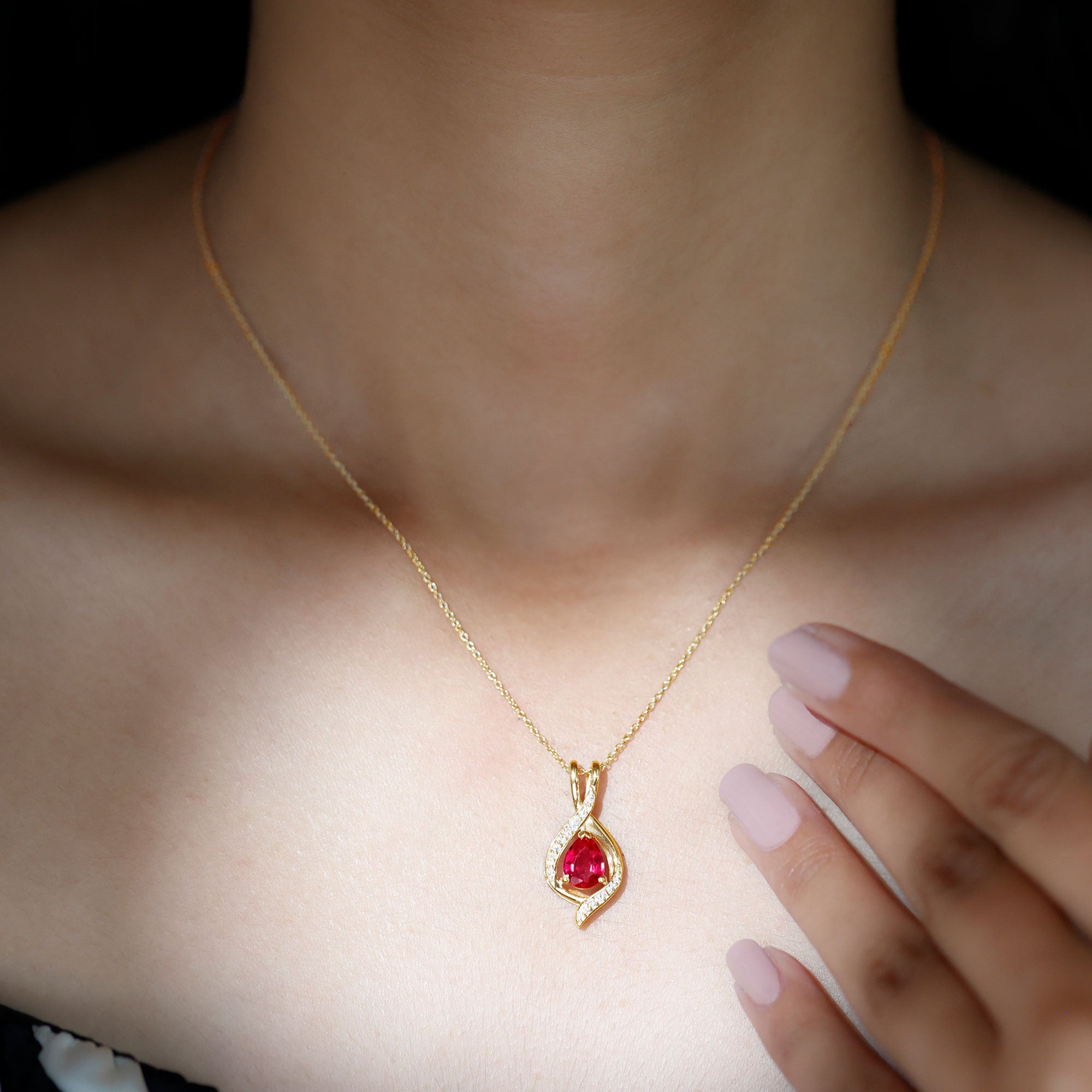 Pear Cut Created Ruby Teardrop Pendant with Moissanite Accent Lab Created Ruby - ( AAAA ) - Quality - Rosec Jewels