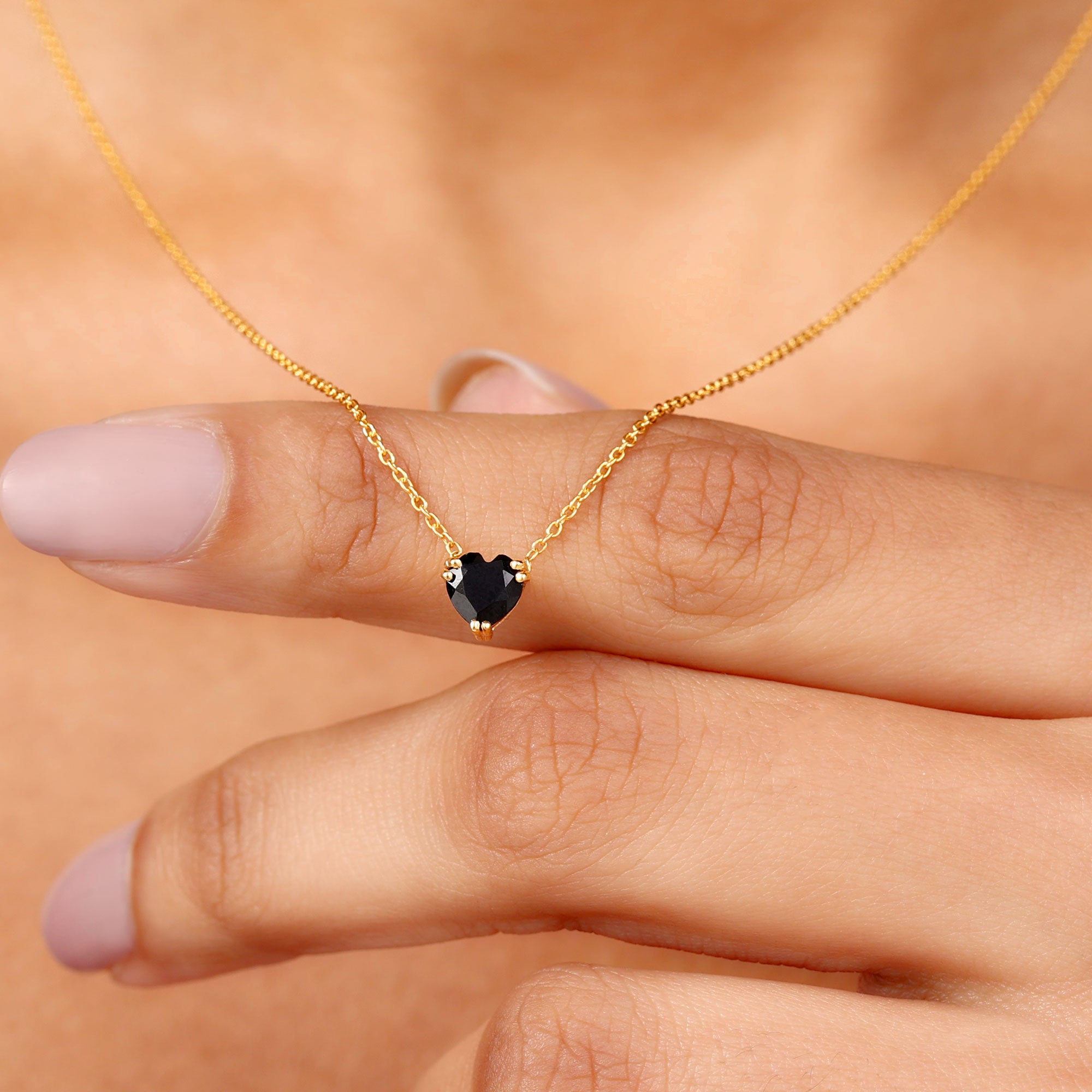 Heart Shape Black Onyx Solitaire Drop Pendant Necklace Black Onyx - ( AAA ) - Quality - Rosec Jewels