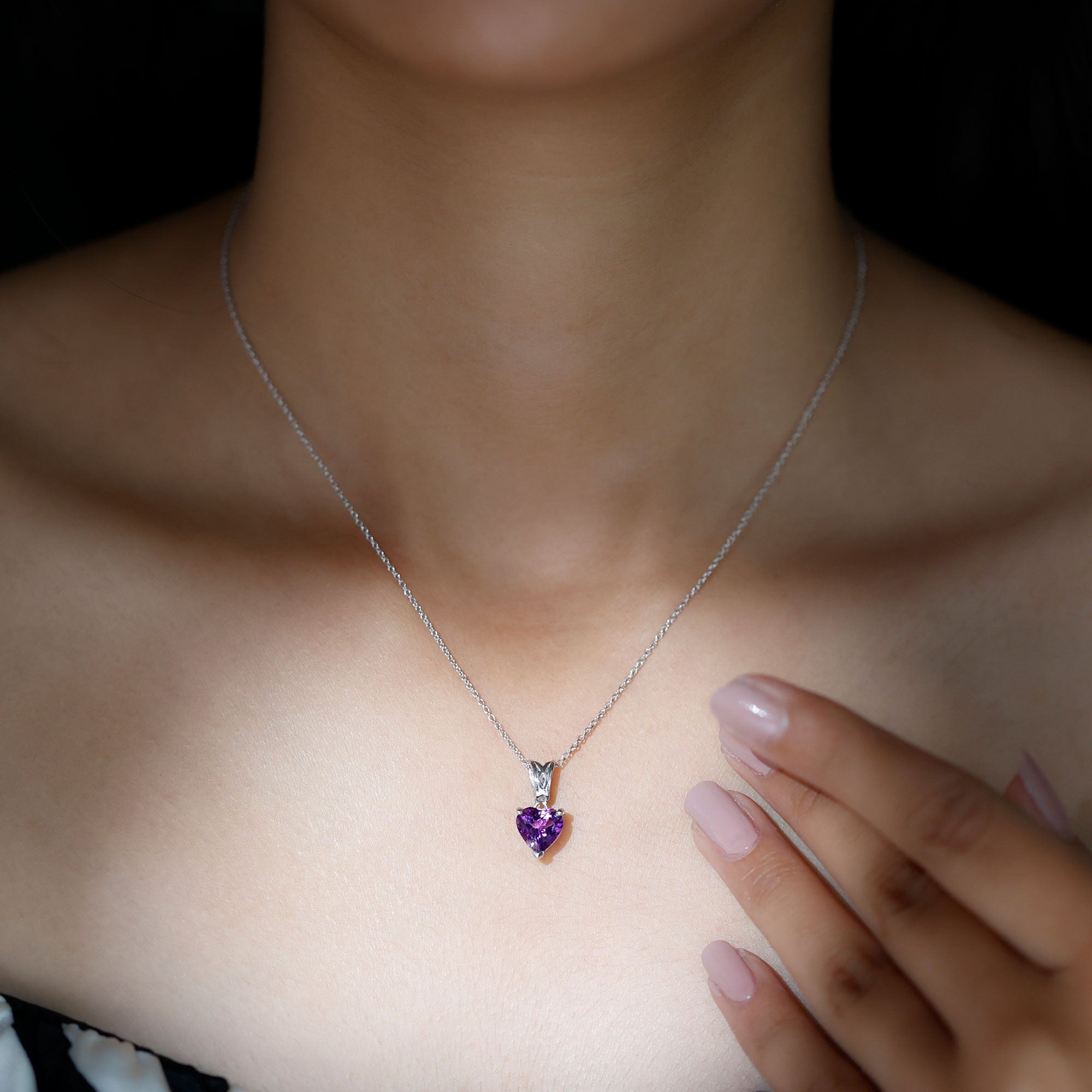 8 MM Heart Shape Amethyst Pendant in 3 Prong Setting with Decorative Bail Amethyst - ( AAA ) - Quality - Rosec Jewels