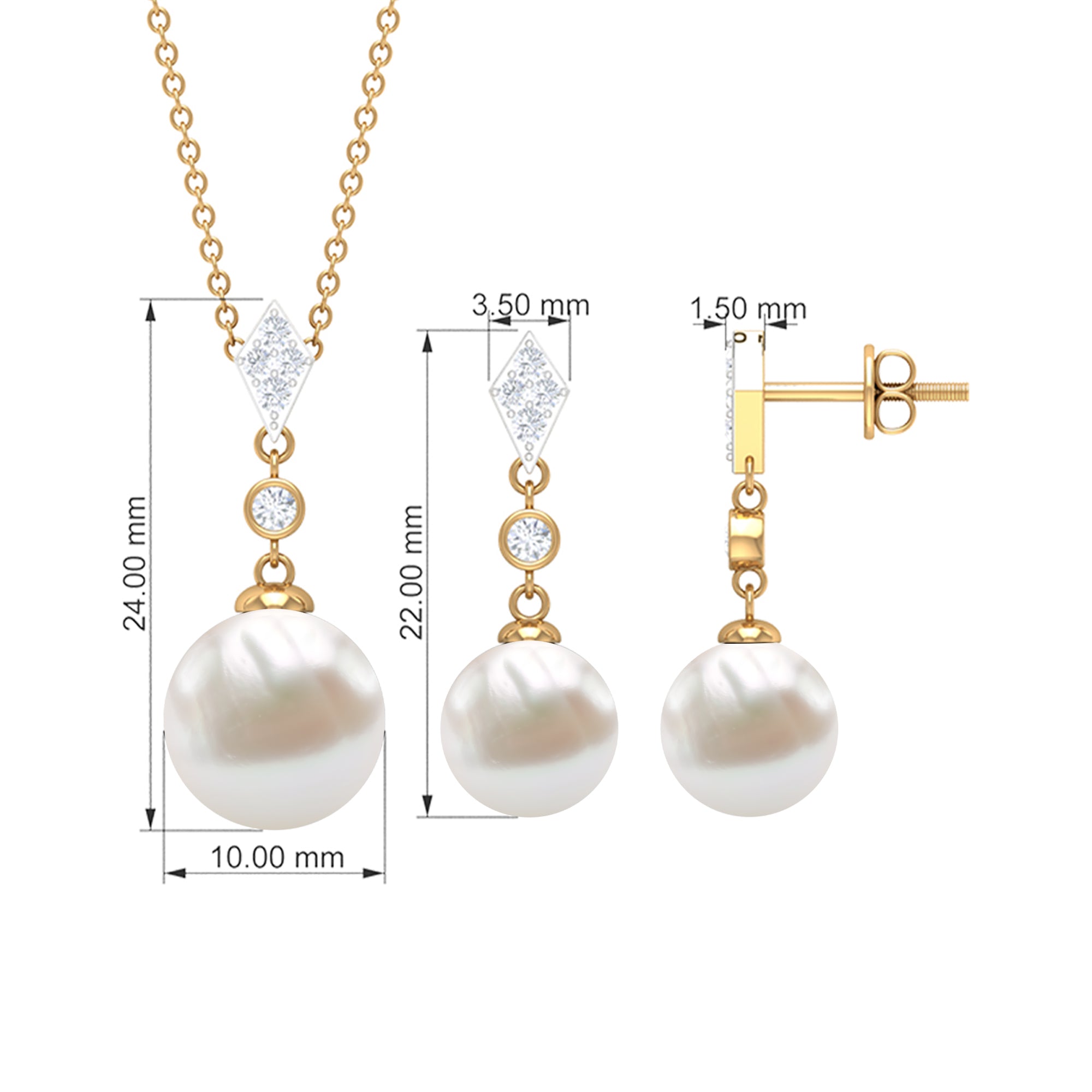 Freshwater Pearl Simple Dangle Drop Pendant and Earrings Set with Diamond Freshwater Pearl - ( AAA ) - Quality - Rosec Jewels