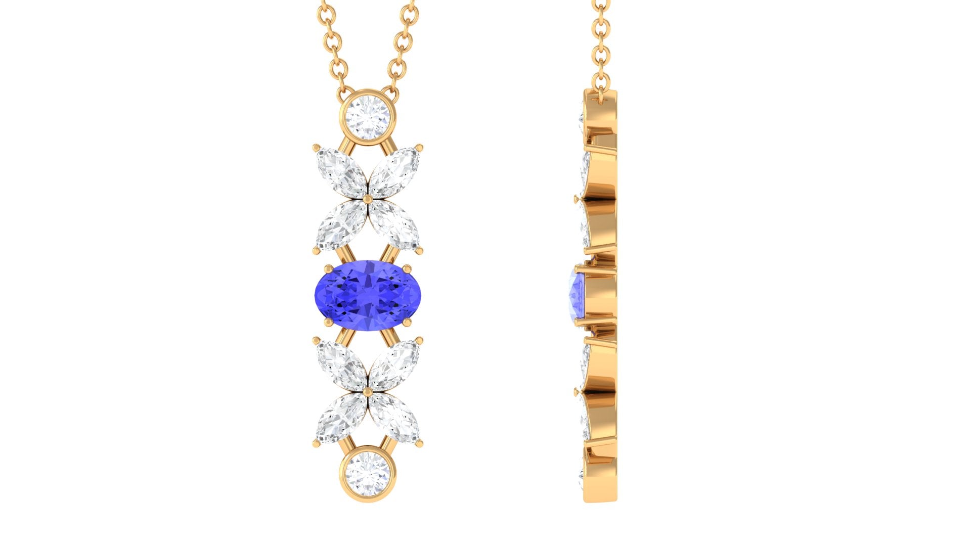 Oval Tanzanite and Diamond Flower Dangle Necklace Tanzanite - ( AAA ) - Quality - Rosec Jewels