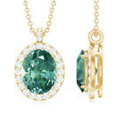 Oval Created Green Sapphire and Diamond Halo Pendant Lab Created Green Sapphire - ( AAAA ) - Quality - Rosec Jewels