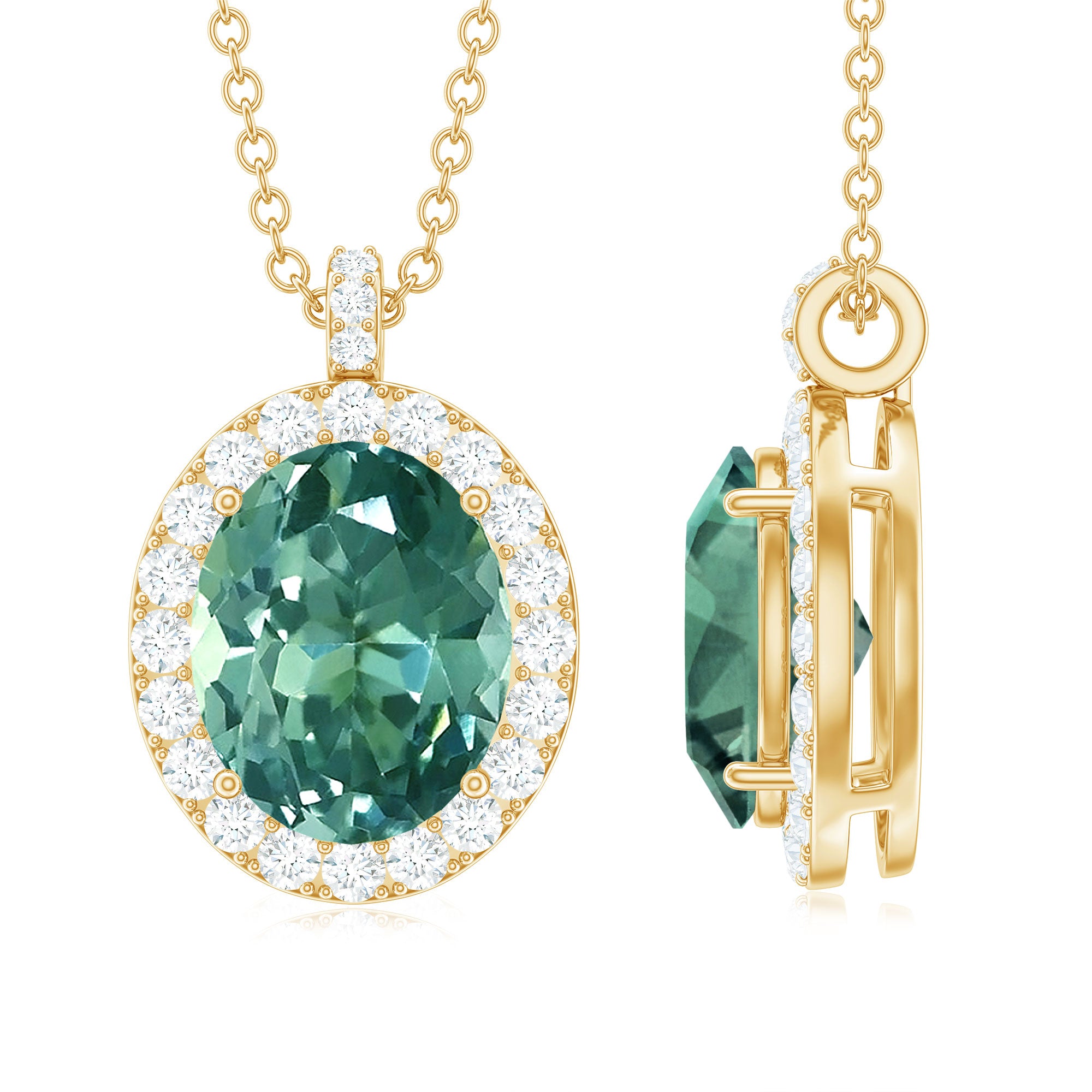 Oval Created Green Sapphire and Diamond Halo Pendant Lab Created Green Sapphire - ( AAAA ) - Quality - Rosec Jewels