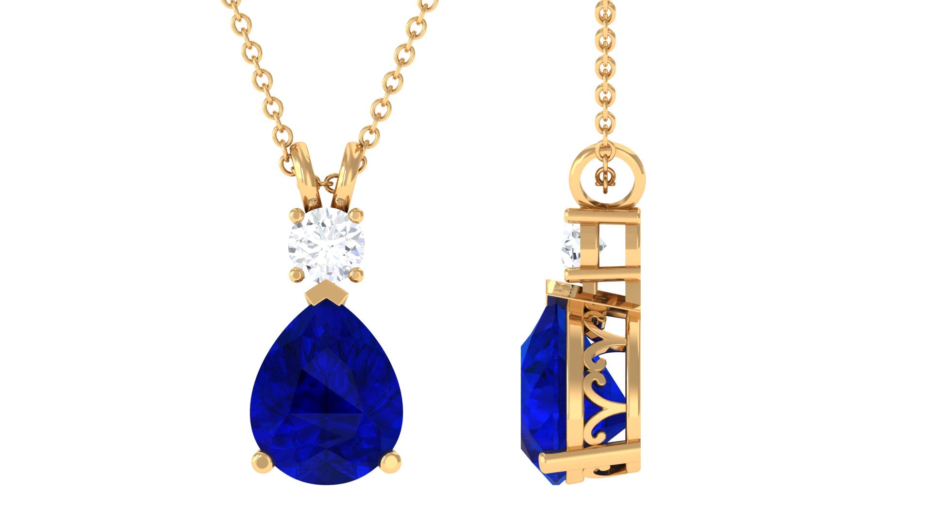 Pear Cut Created Blue Sapphire Drop Pendant with Moissanite Lab Created Blue Sapphire - ( AAAA ) - Quality - Rosec Jewels