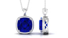 Cushion Cut Created Blue Sapphire and Diamond Halo Pendant Necklace Lab Created Blue Sapphire - ( AAAA ) - Quality - Rosec Jewels