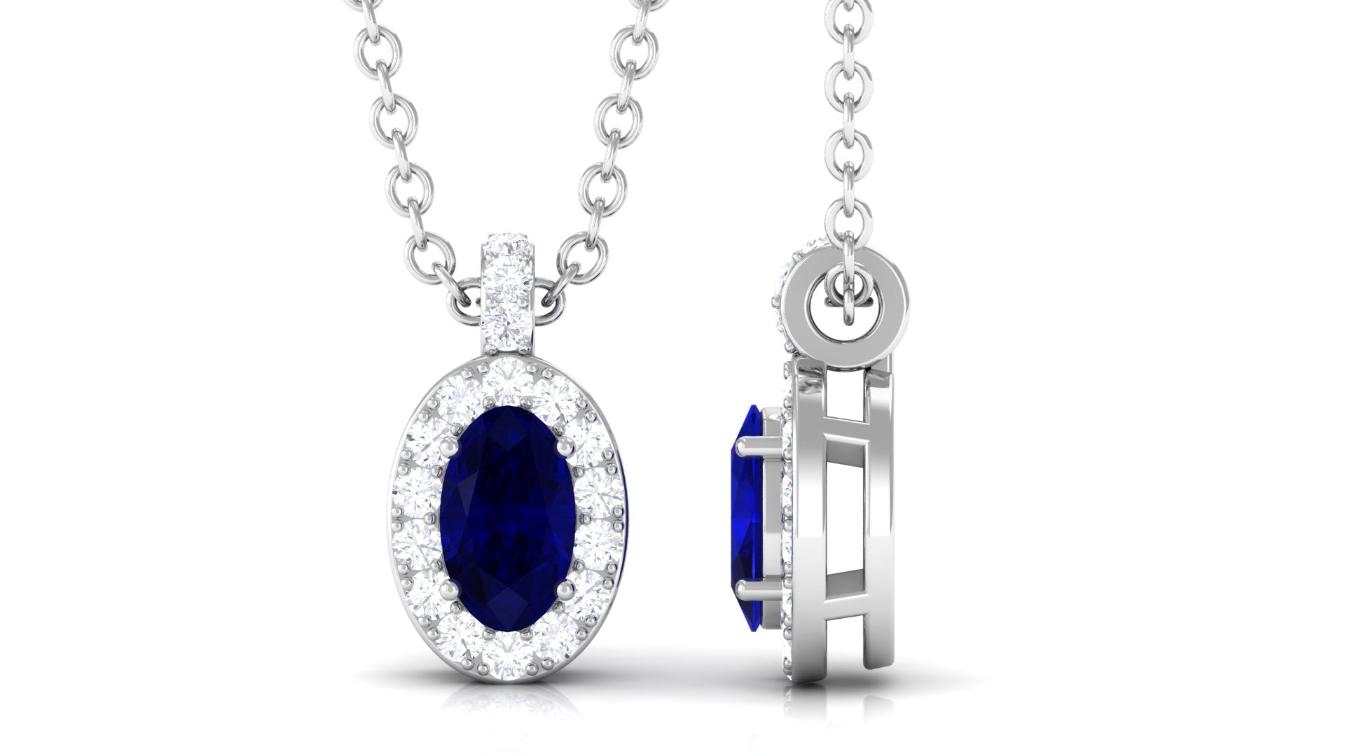 Blue Sapphire Pendant Necklace with Diamond Blue Sapphire - ( AAA ) - Quality - Rosec Jewels