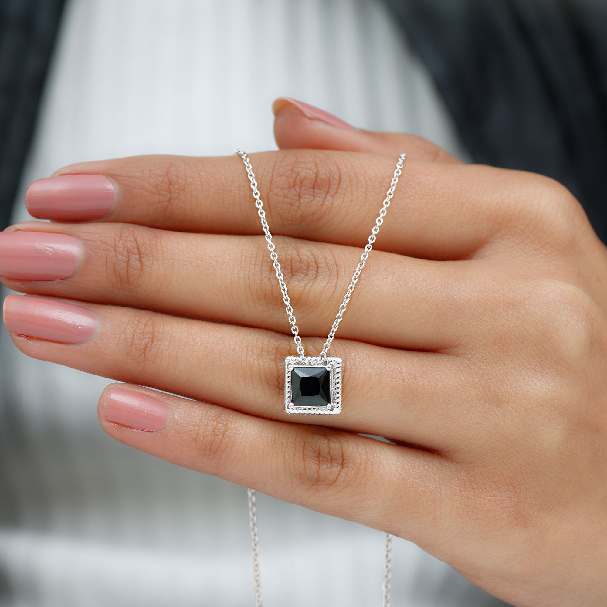 7 MM Princess Cut Black Spinel Solitaire Pendant with Rope Frame Details Black Spinel - ( AAA ) - Quality - Rosec Jewels