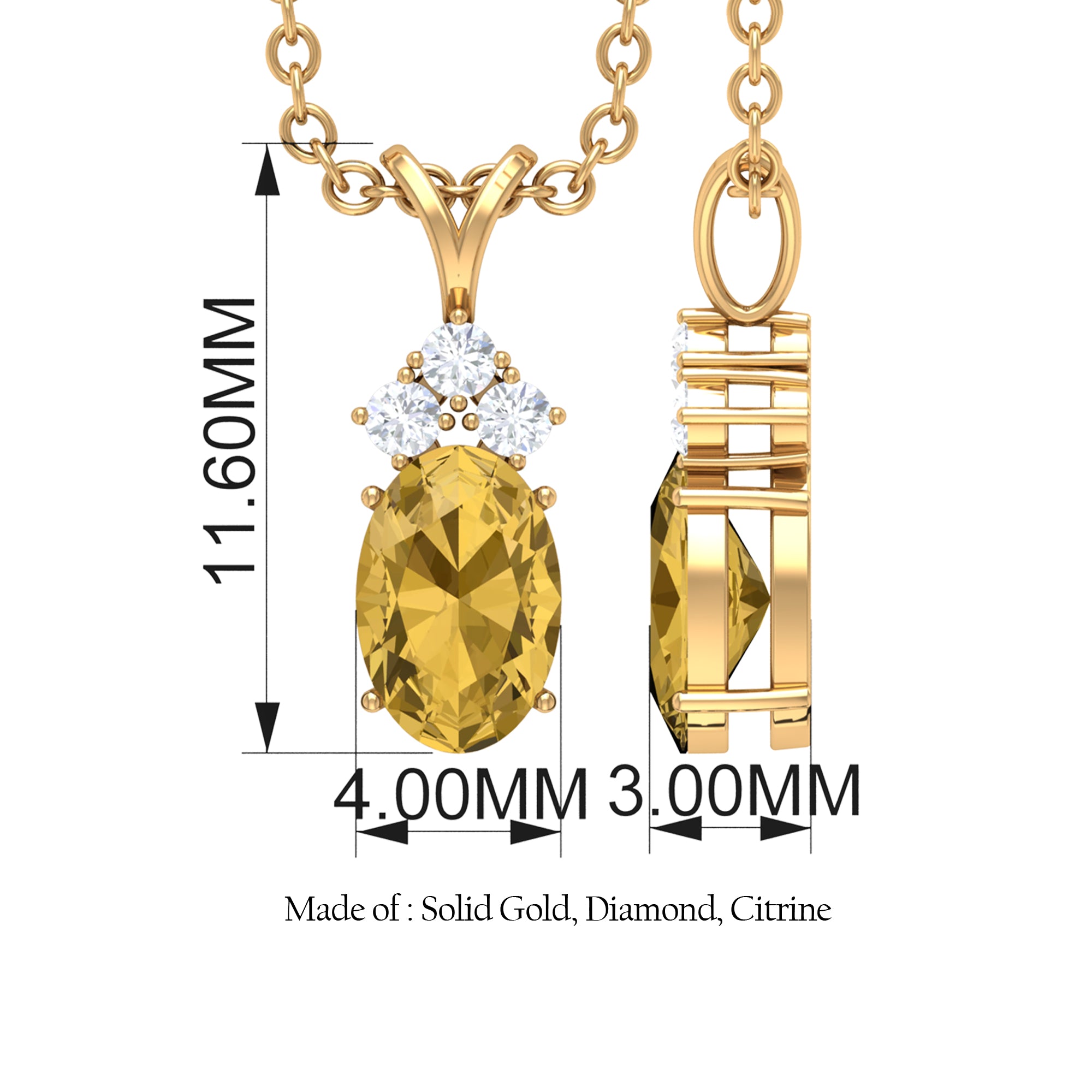 Oval Cut Citrine Minimal Pendant with Diamond Trio Citrine - ( AAA ) - Quality - Rosec Jewels