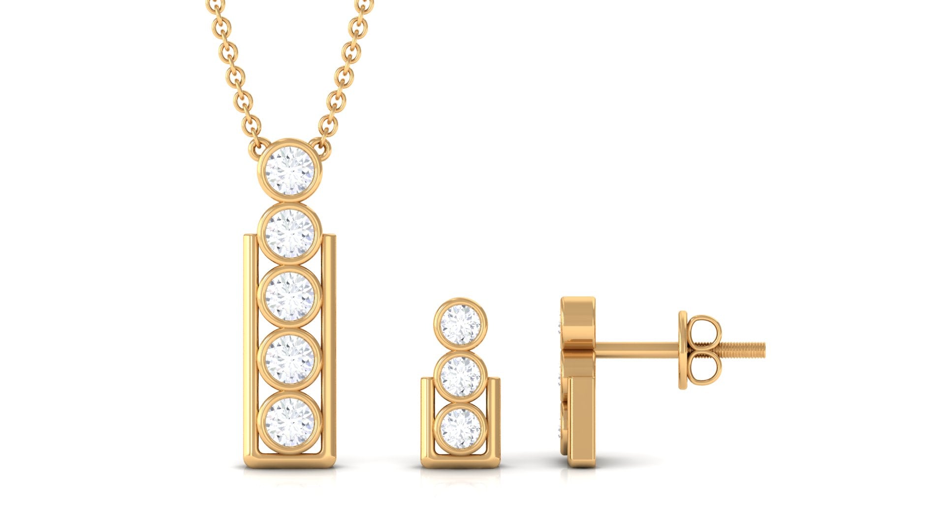 Round Diamond Gold Bar Pendant Earring Set in Bezel Setting Diamond - ( HI-SI ) - Color and Clarity - Rosec Jewels