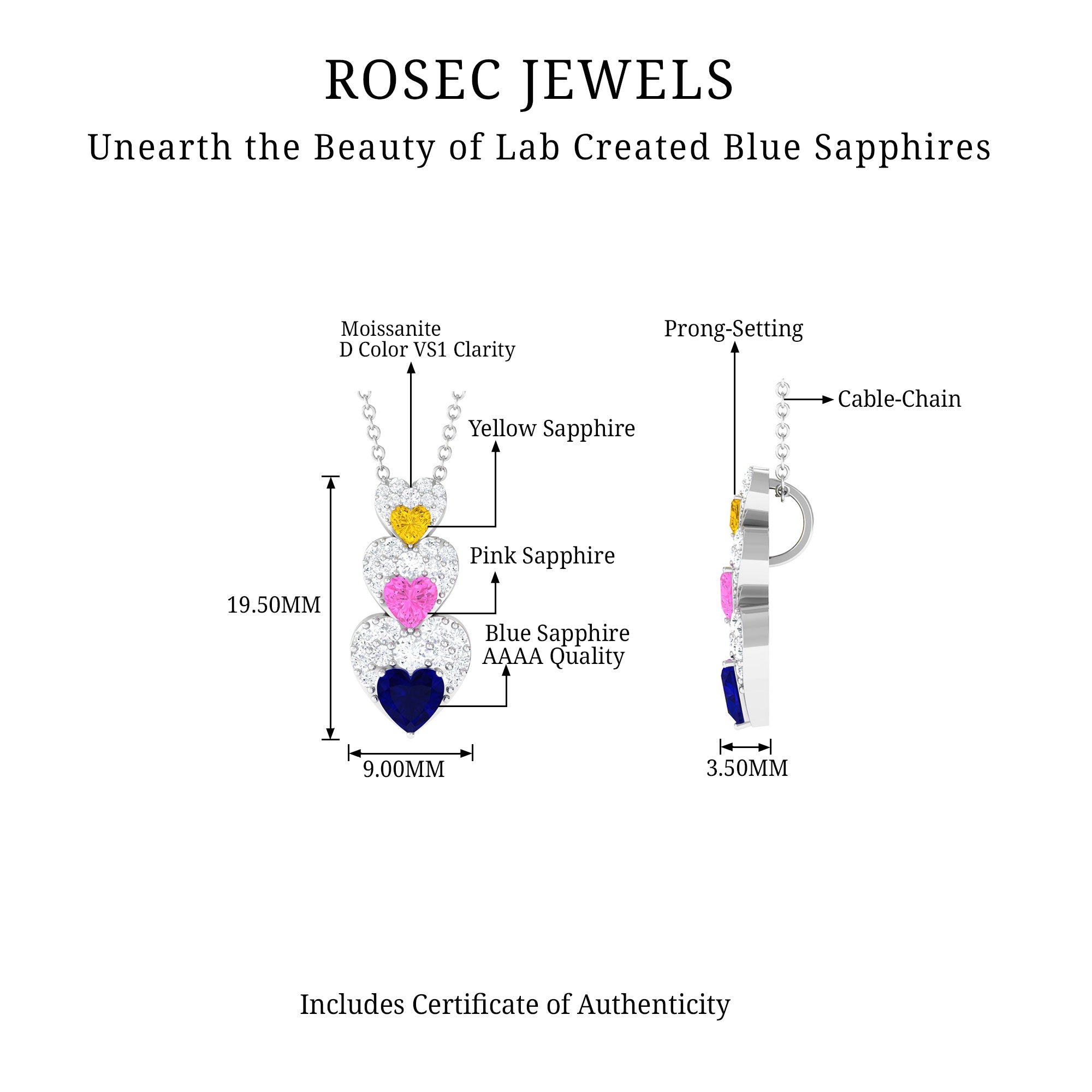 Lab Created Multi Sapphire Heart Dangle Pendant with Moissanite Lab Created Blue Sapphire - ( AAAA ) - Quality - Rosec Jewels