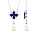 Created Blue Sapphire and Moissanite Flower Necklace with Freshwater Pearl Drop Freshwater Pearl - ( AAA ) - Quality - Rosec Jewels