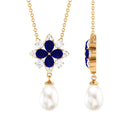 Created Blue Sapphire and Moissanite Flower Necklace with Freshwater Pearl Drop Freshwater Pearl - ( AAA ) - Quality - Rosec Jewels