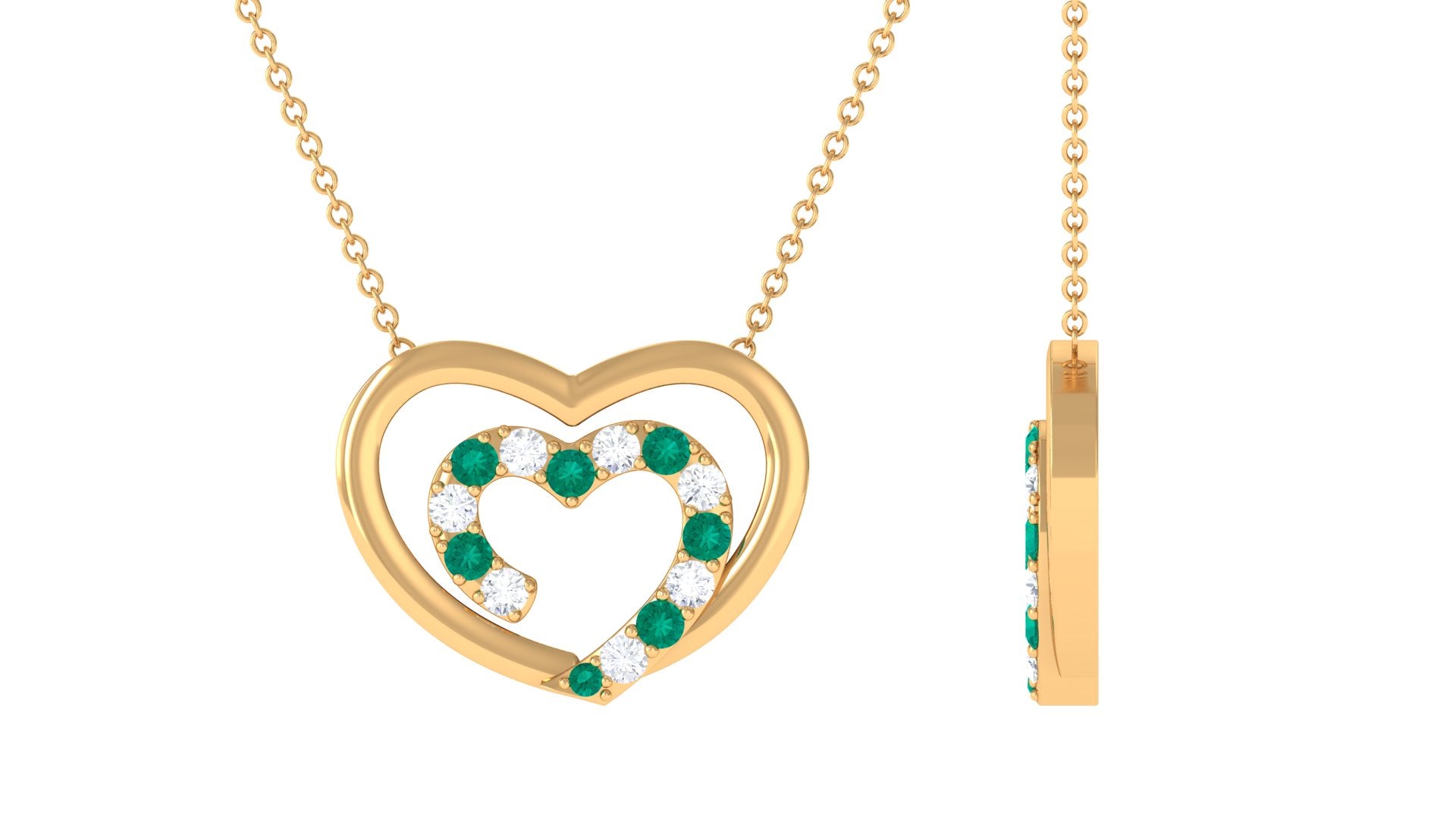 Emerald and Moissanite Twin Open Heart Necklace in Gold Emerald - ( AAA ) - Quality - Rosec Jewels