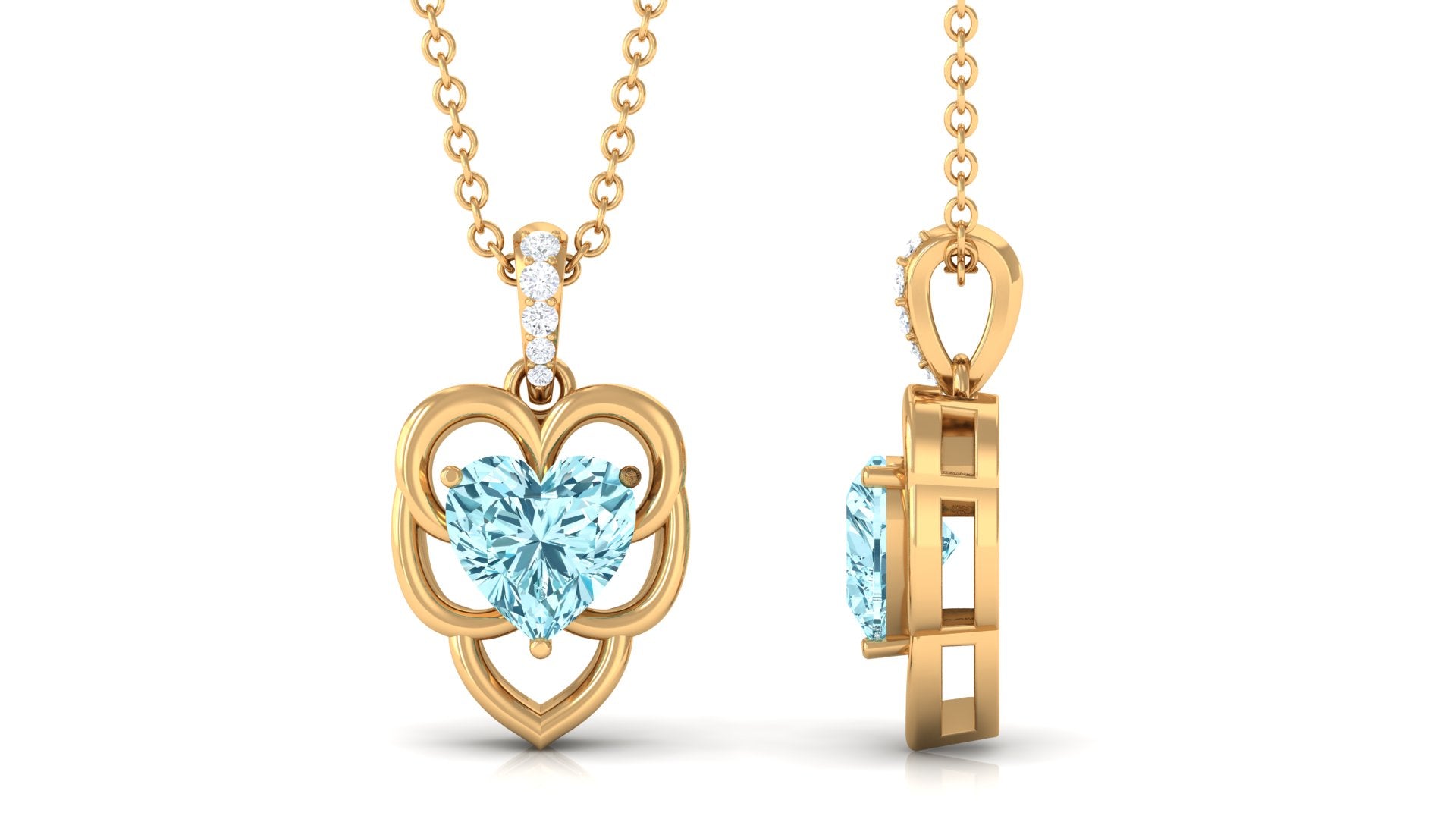 Heart Shape Aquamarine Leaf Pendant with Diamond Accent Bail Aquamarine - ( AAA ) - Quality - Rosec Jewels