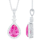 Created Pink Sapphire Teardrop Pendant Necklace With Diamond Halo Lab Created Pink Sapphire - ( AAAA ) - Quality - Rosec Jewels