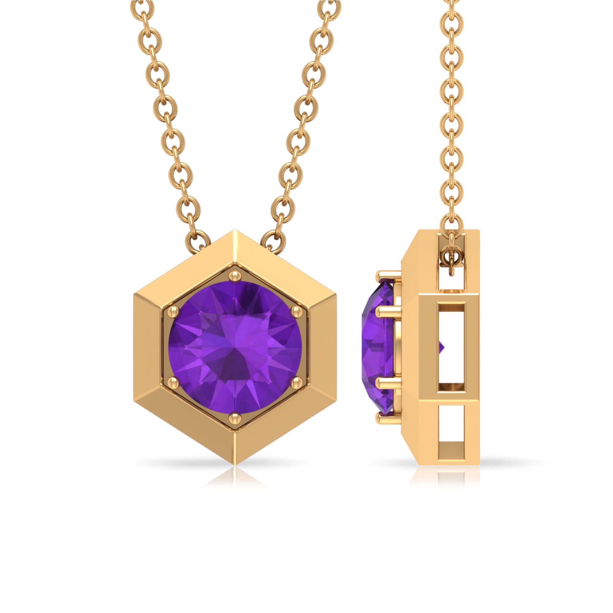 Solitaire Amethyst Hexagon Pendant Necklace Amethyst - ( AAA ) - Quality - Rosec Jewels