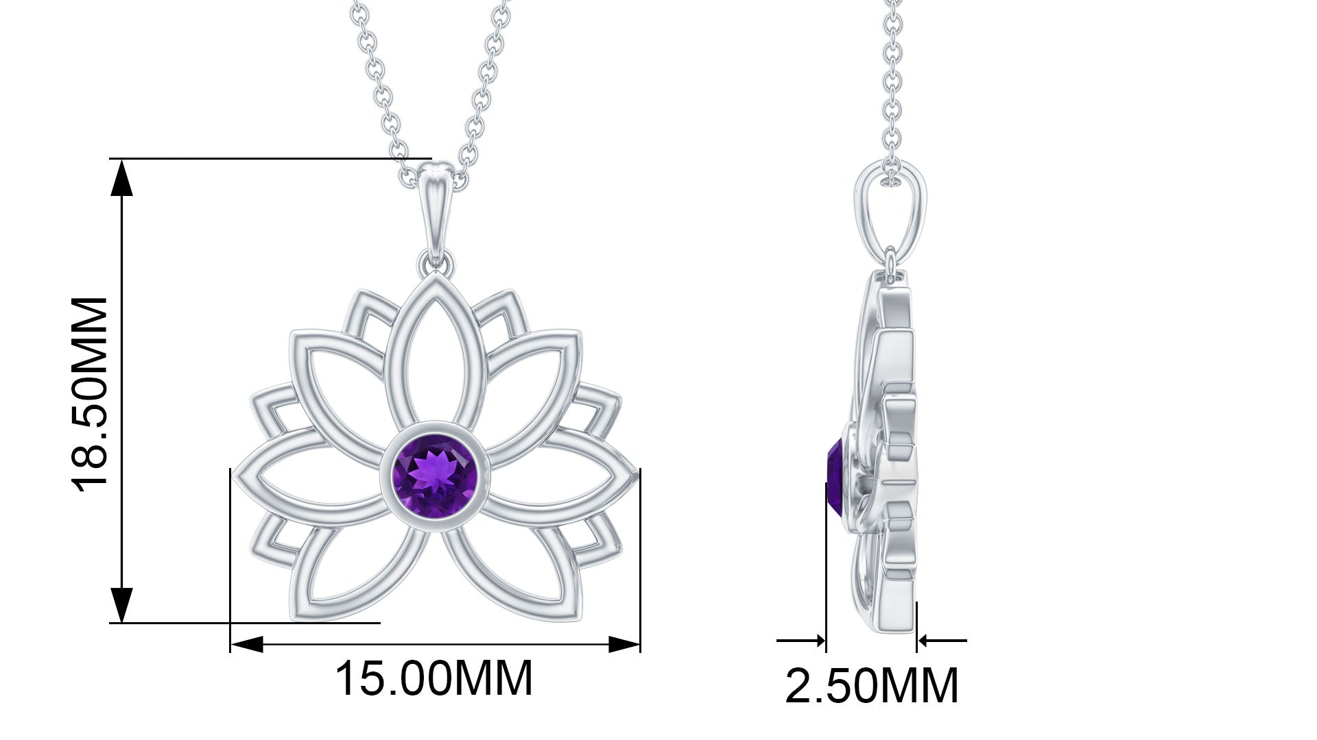 Gold Lotus Flower Solitaire Amethyst Pendant Necklace Amethyst - ( AAA ) - Quality - Rosec Jewels