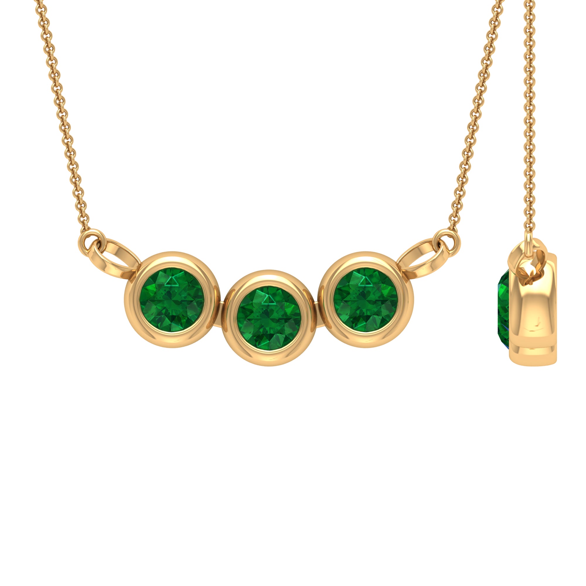 Bezel Set Emerald Three Stone Necklace Emerald - ( AAA ) - Quality - Rosec Jewels